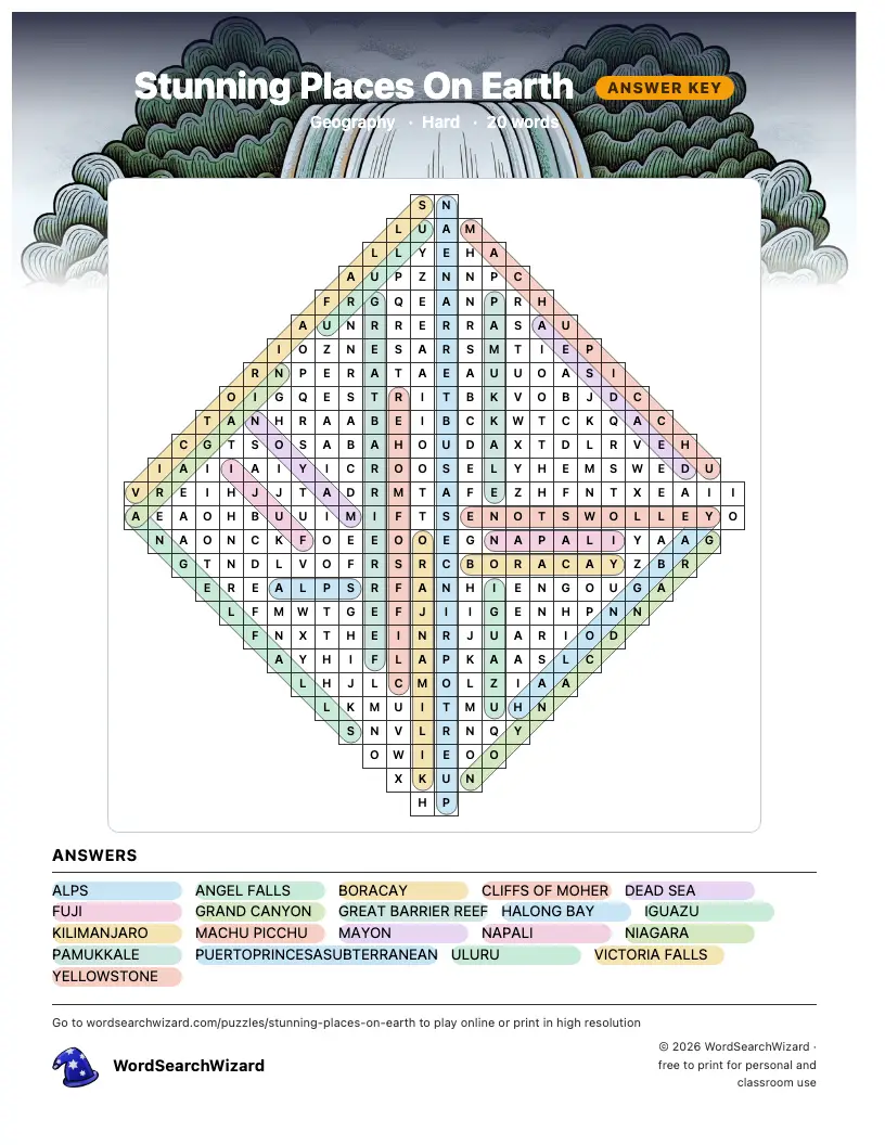Stunning Places On Earth word search answer key, all 20 words marked