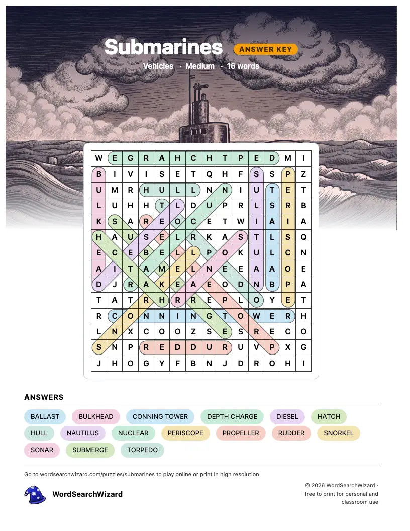 Submarines word search answer key, all 16 words marked