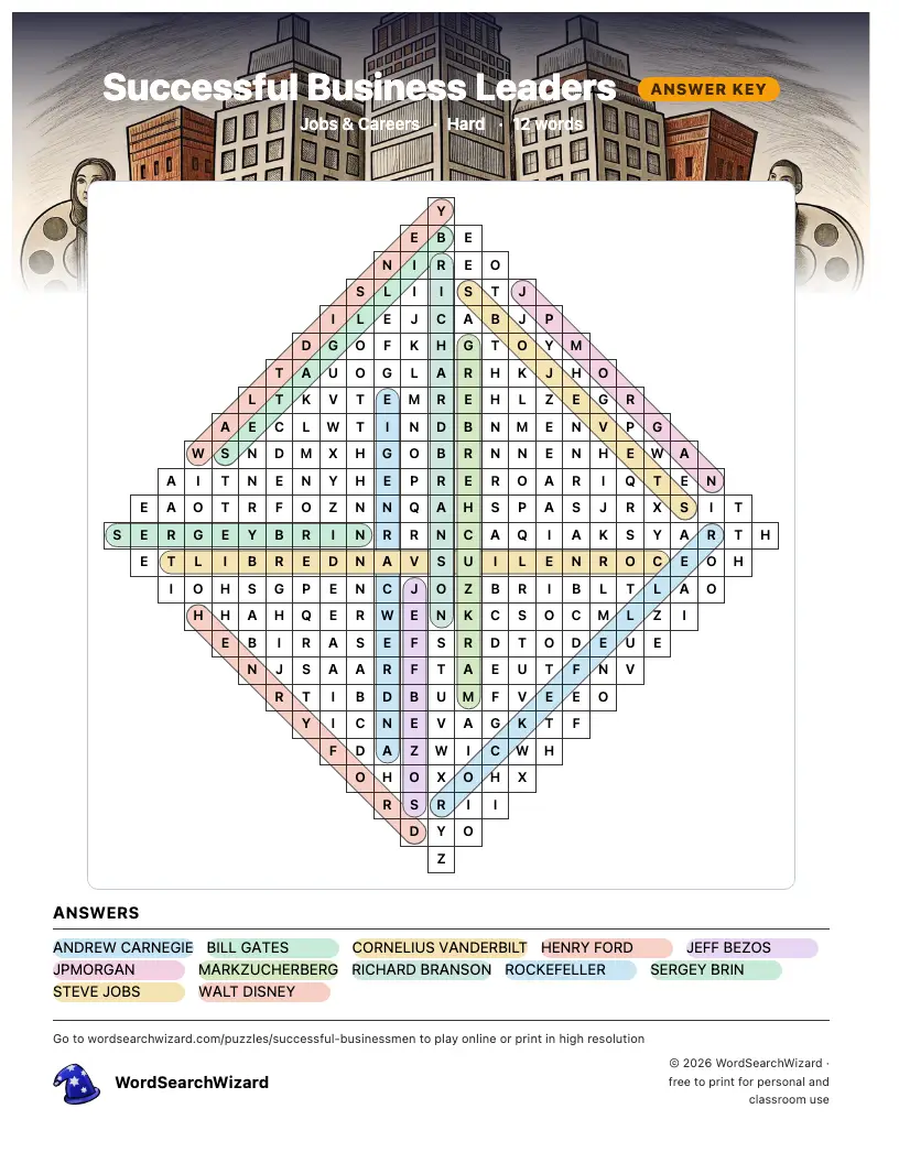 Successful Business Leaders word search answer key, all 12 words marked