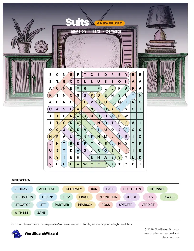 Suits word search answer key, all 24 words marked
