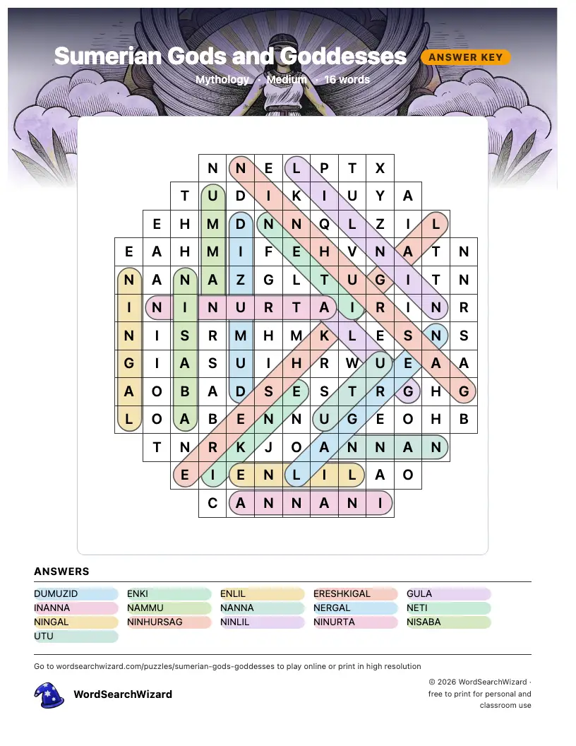 Sumerian Gods and Goddesses word search answer key, all 16 words marked
