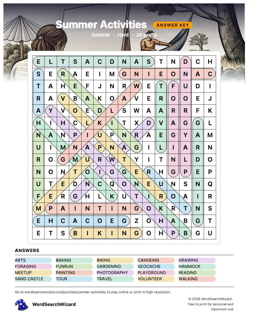Summer Activities word search answer key, all 20 words marked