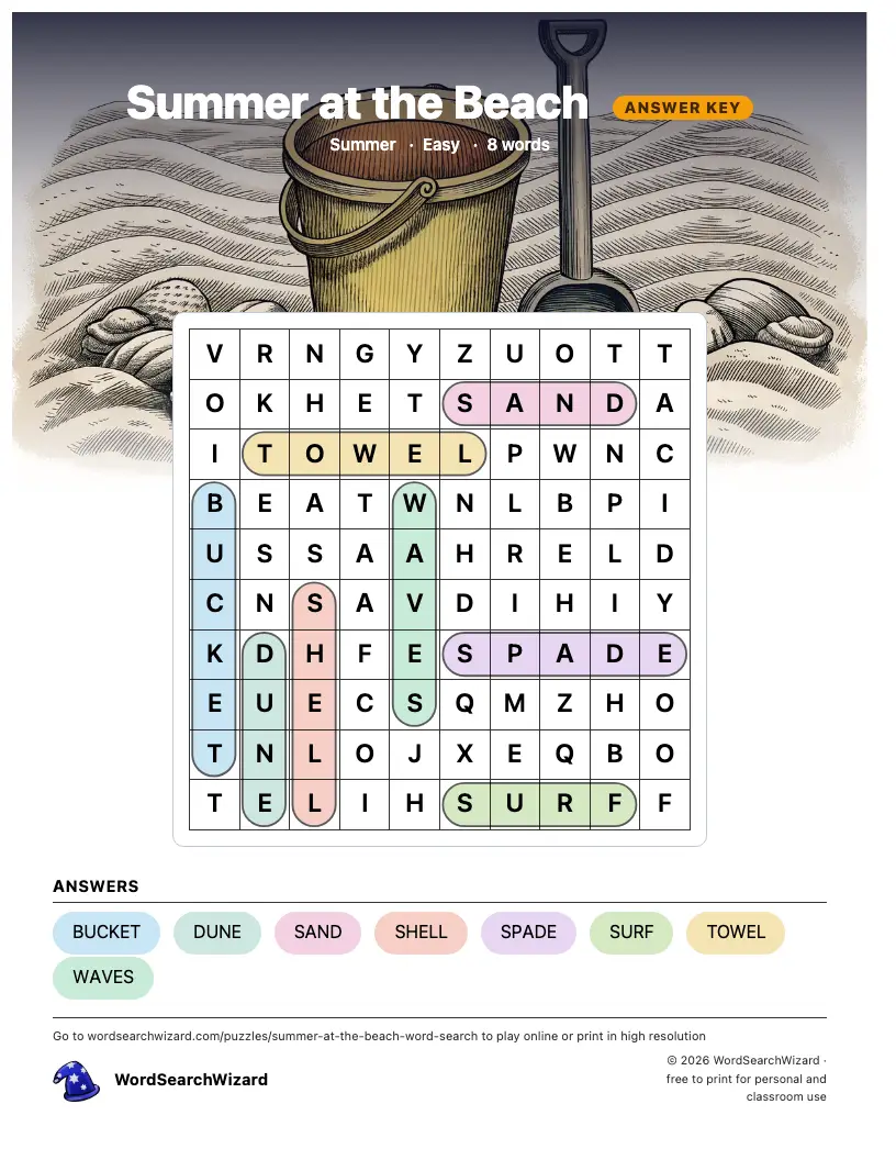 Summer at the Beach word search answer key, all 8 words marked