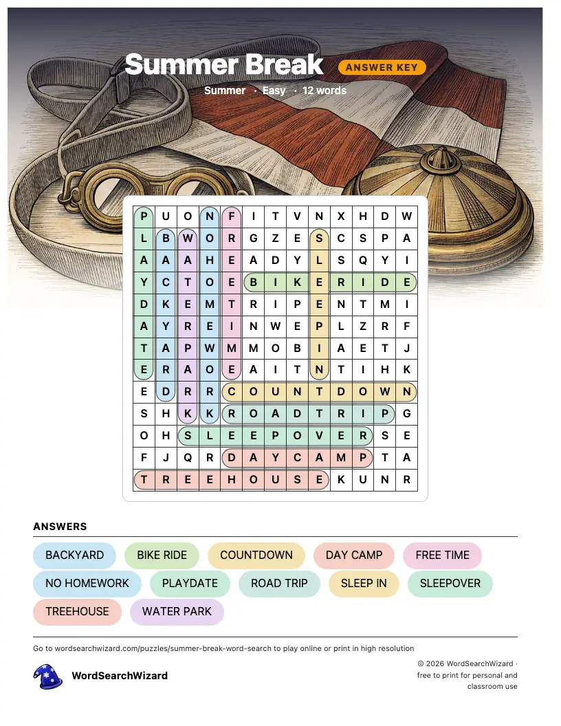 Summer Break word search answer key, all 12 words marked