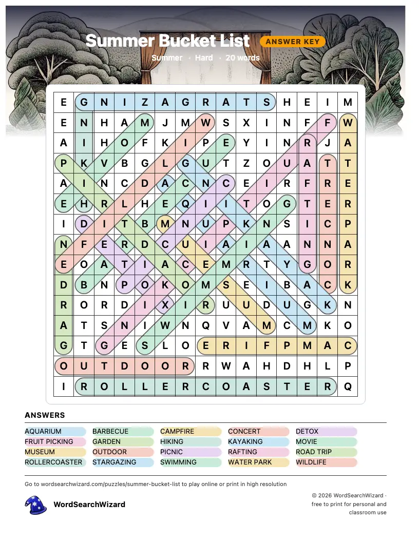 Summer Bucket List word search answer key, all 20 words marked