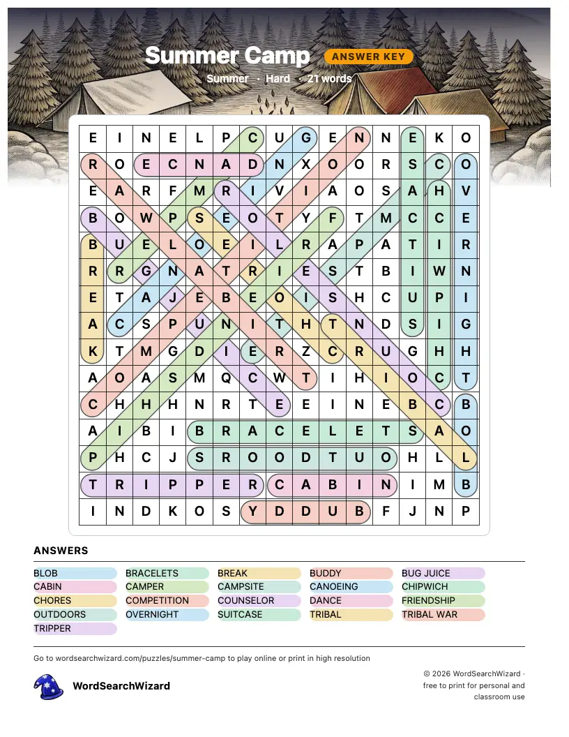 Summer Camp word search answer key, all 21 words marked