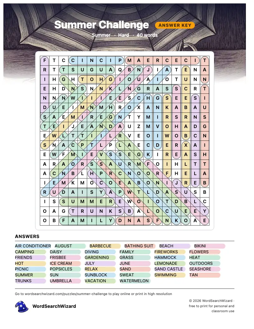 Summer Challenge word search answer key, all 40 words marked