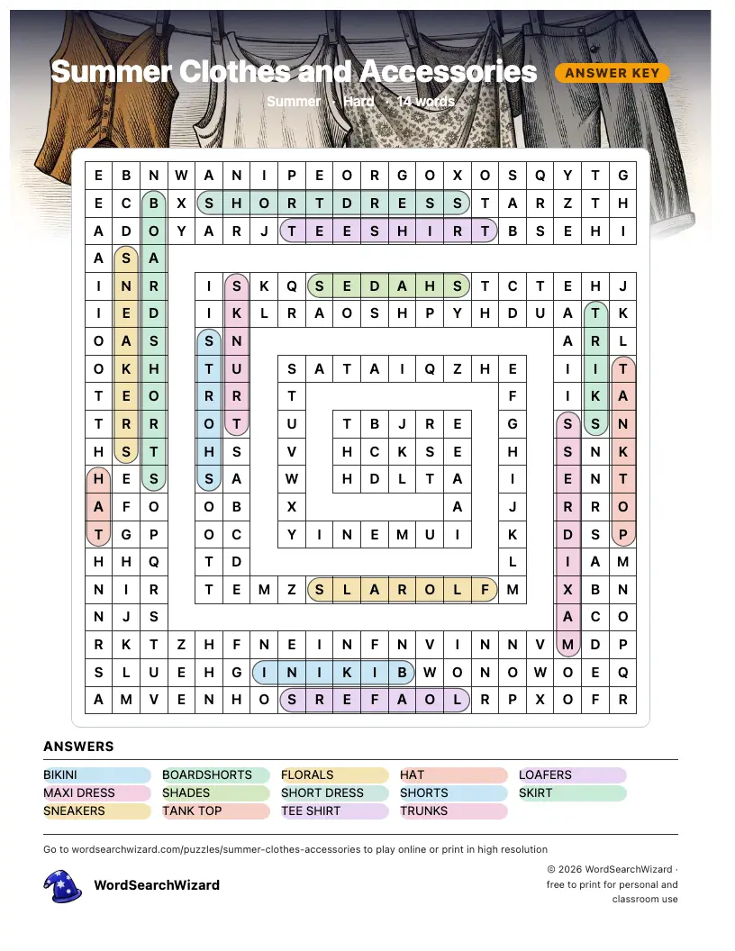 Summer Clothes and Accessories word search answer key, all 14 words marked
