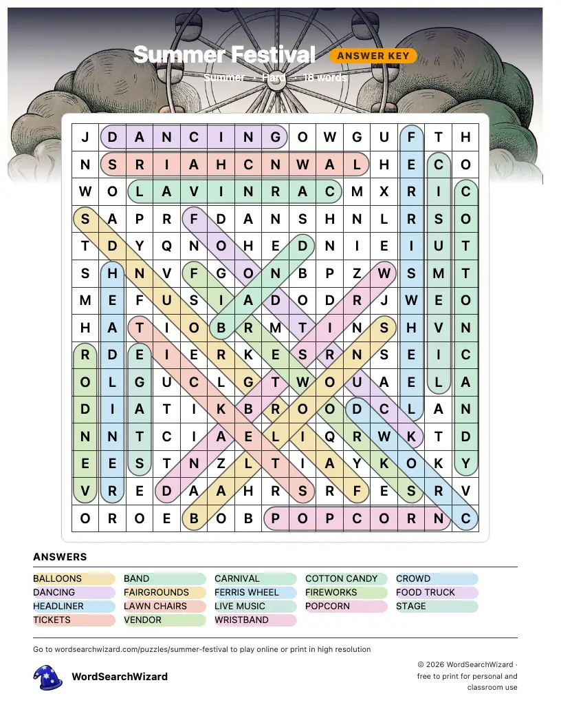 Summer Festival word search answer key, all 18 words marked