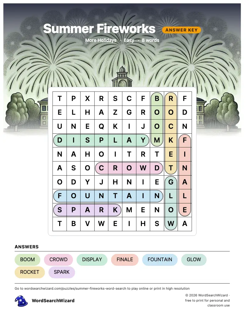 Summer Fireworks word search answer key, all 8 words marked