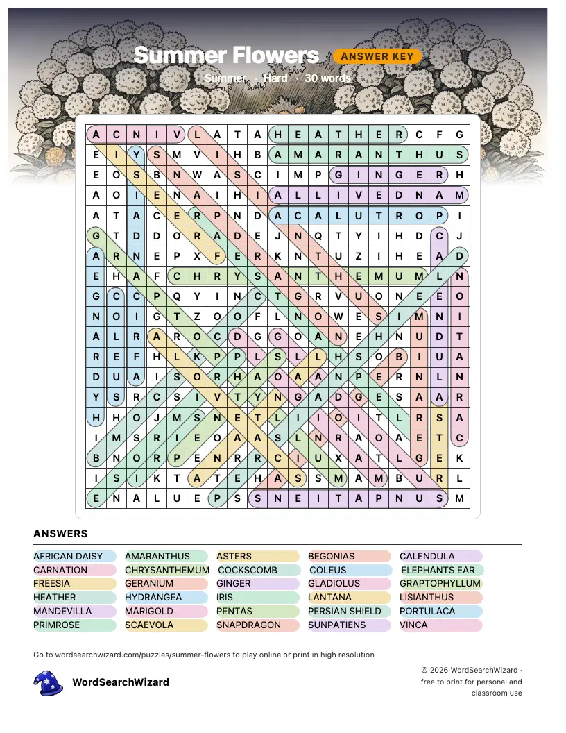 Summer Flowers word search answer key, all 30 words marked