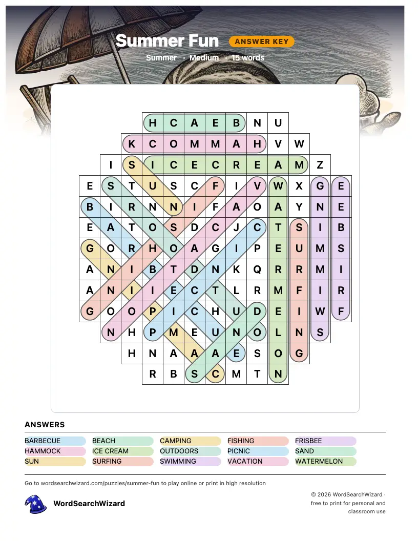 Summer Fun word search answer key, all 15 words marked