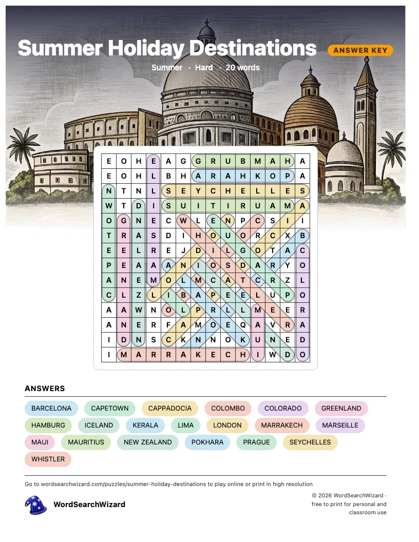 Summer Holiday Destinations word search answer key, all 20 words marked