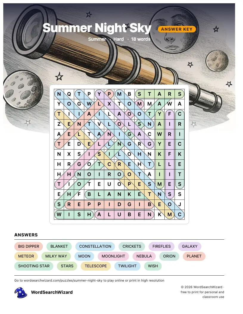 Summer Night Sky word search answer key, all 18 words marked