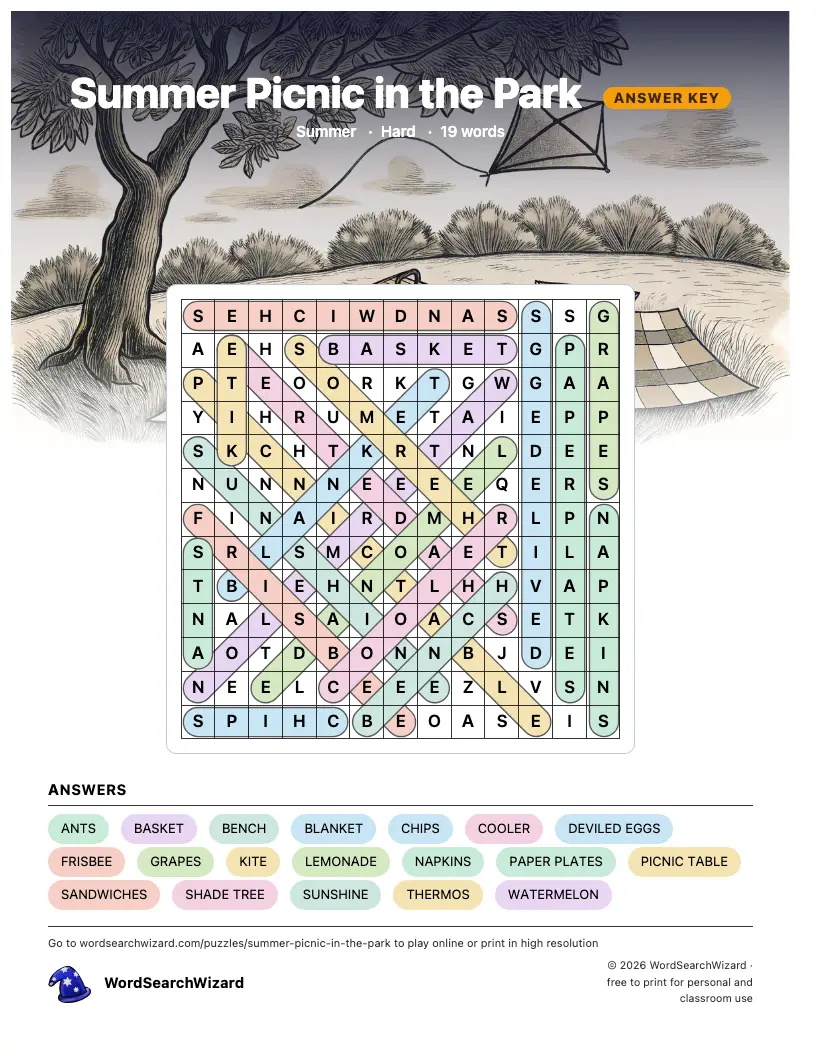 Summer Picnic in the Park word search answer key, all 19 words marked