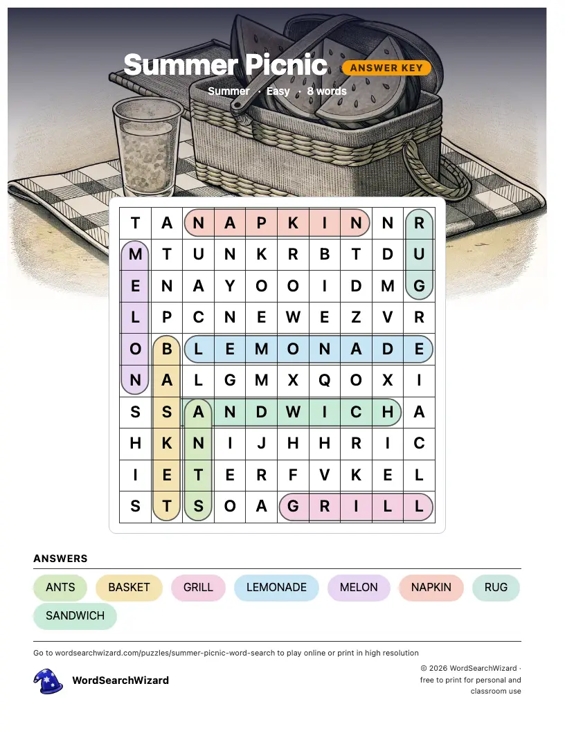 Summer Picnic word search answer key, all 8 words marked