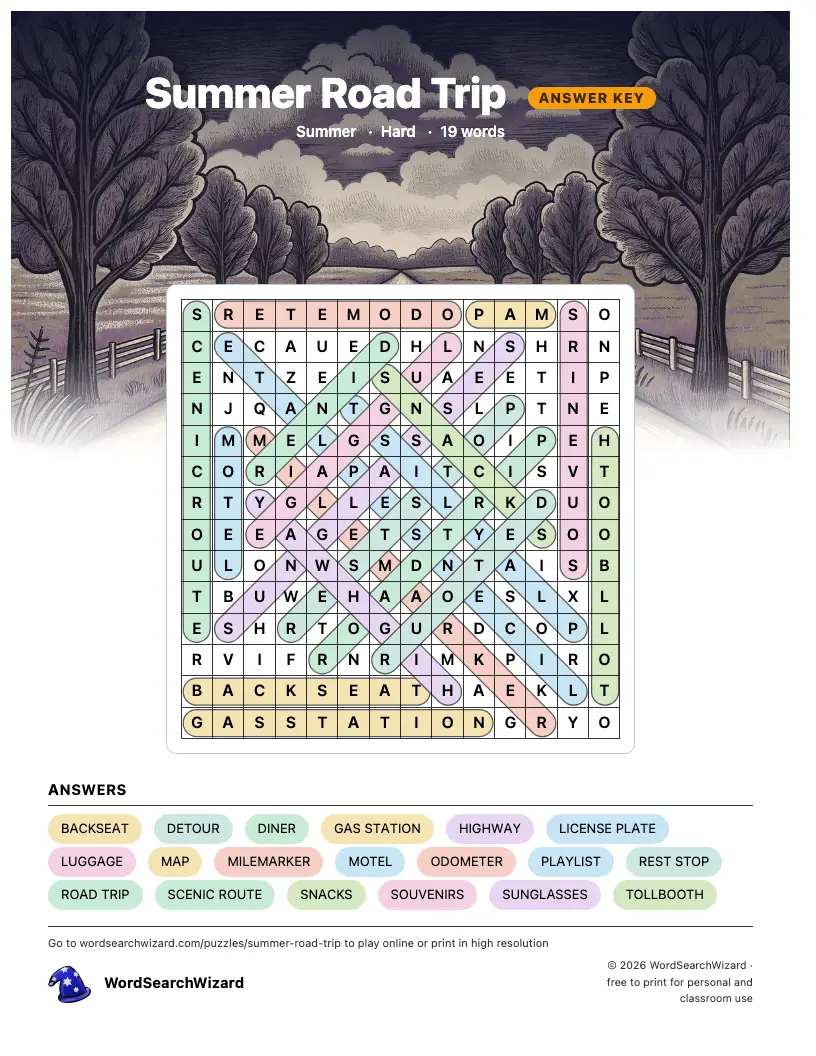 Summer Road Trip word search answer key, all 19 words marked
