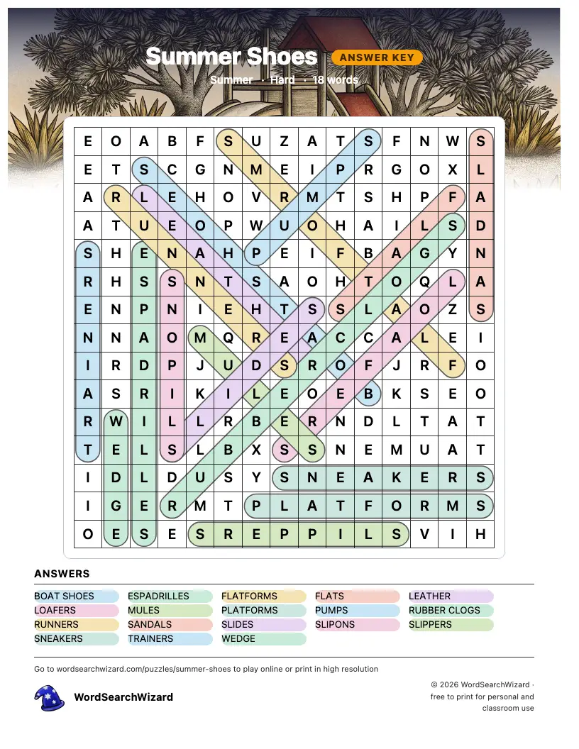 Summer Shoes word search answer key, all 18 words marked
