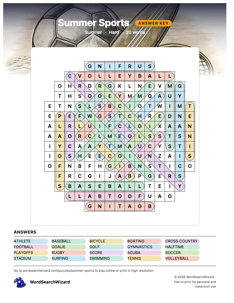 Summer Sports word search answer key, all 20 words marked
