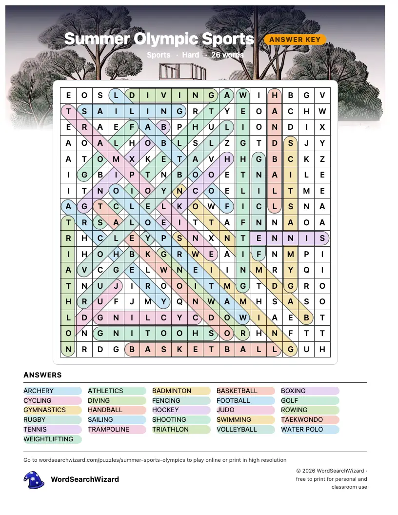 Summer Olympic Sports word search answer key, all 26 words marked