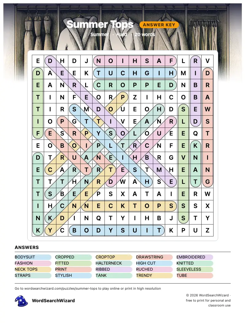 Summer Tops word search answer key, all 20 words marked