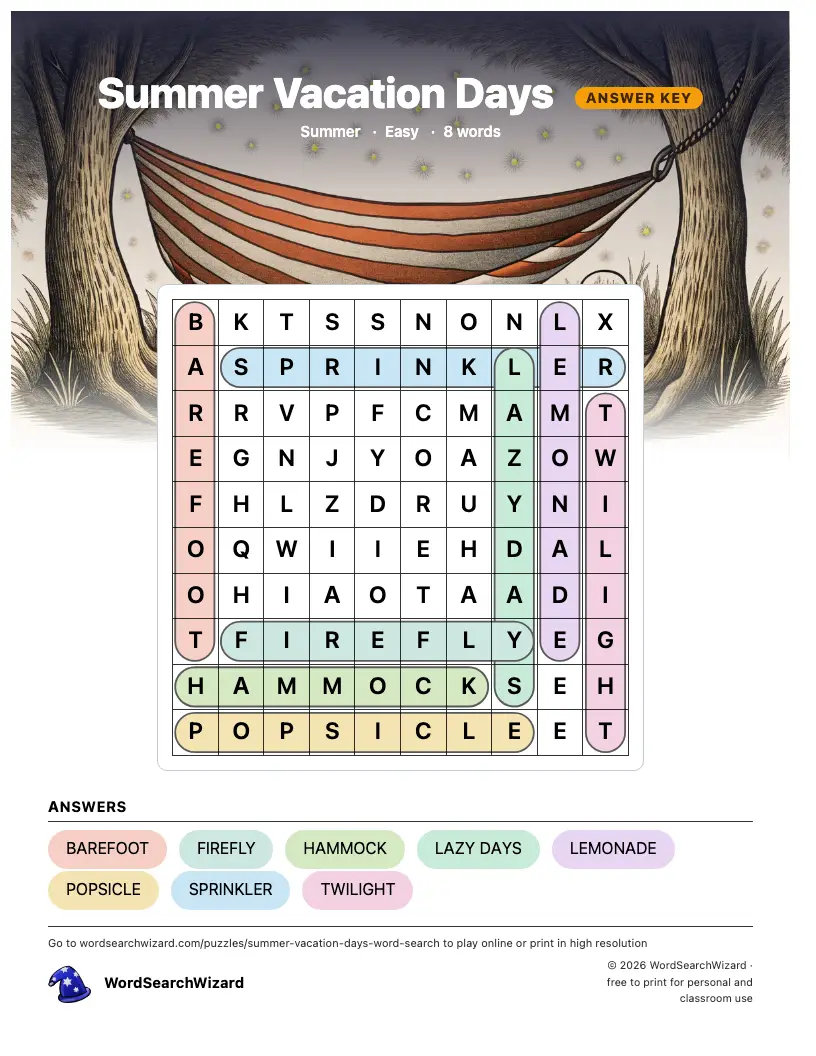 Summer Vacation Days word search answer key, all 8 words marked