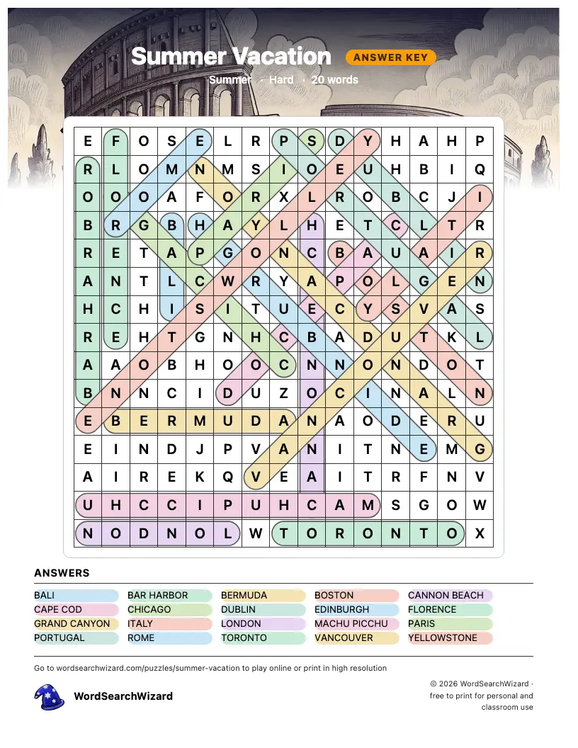 Summer Vacation word search answer key, all 20 words marked