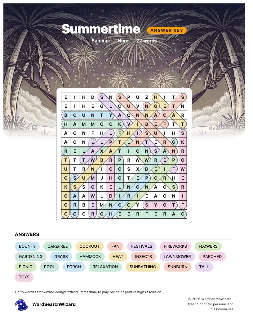 Summertime word search answer key, all 22 words marked