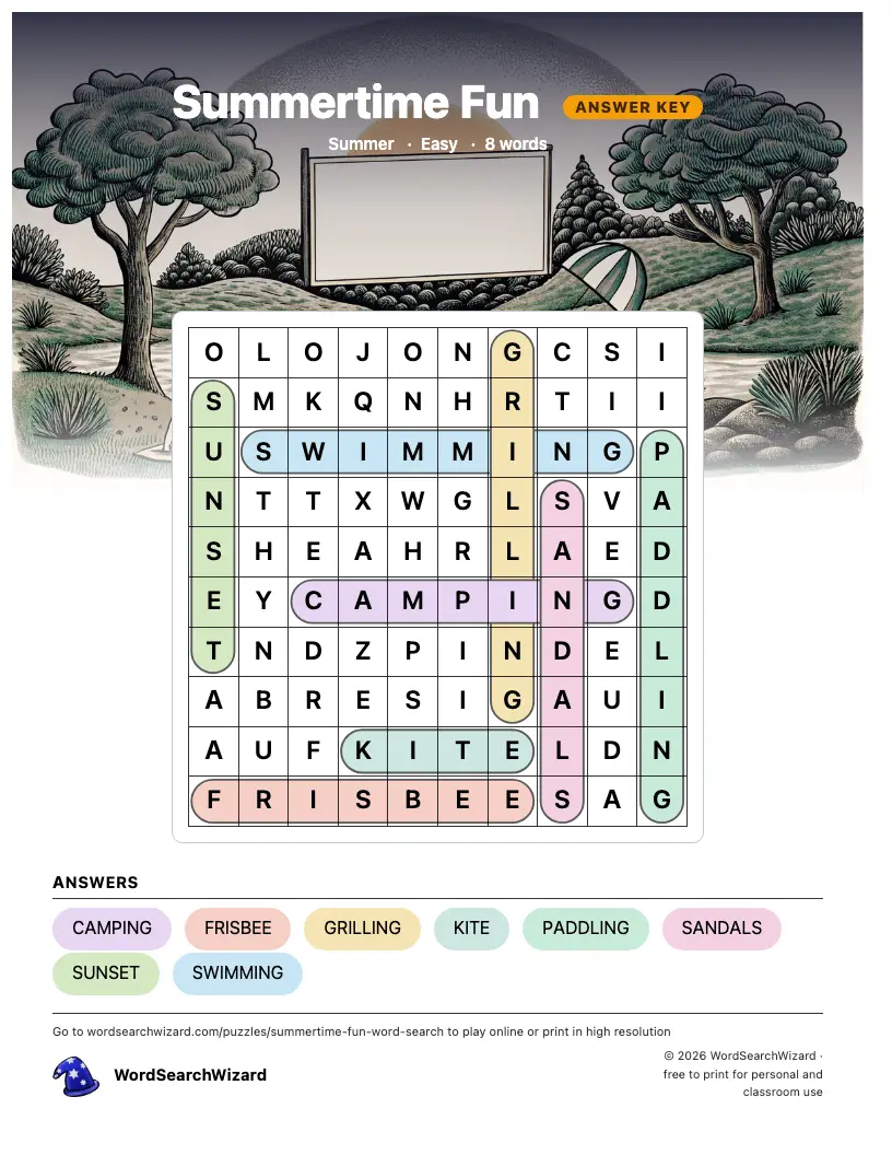 Summertime Fun word search answer key, all 8 words marked
