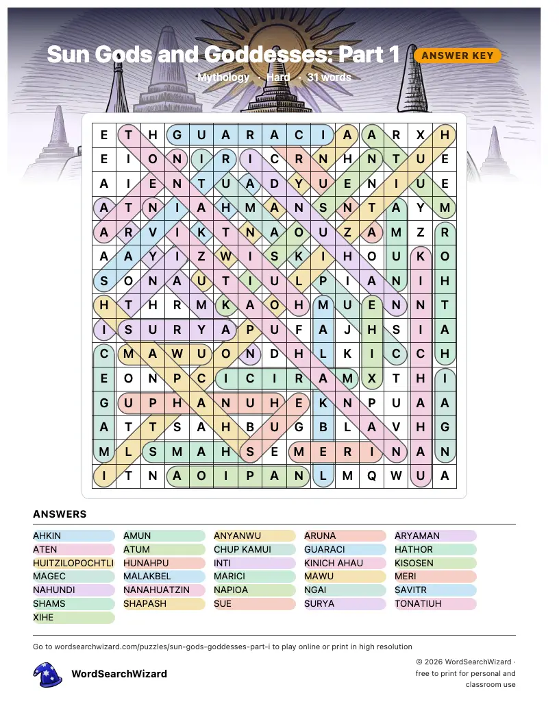 Sun Gods and Goddesses: Part 1 word search answer key, all 31 words marked
