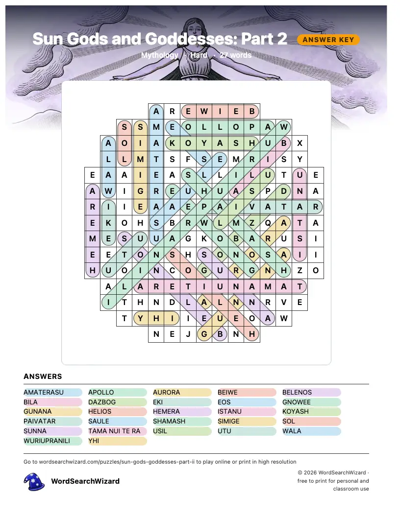 Sun Gods and Goddesses: Part 2 word search answer key, all 27 words marked