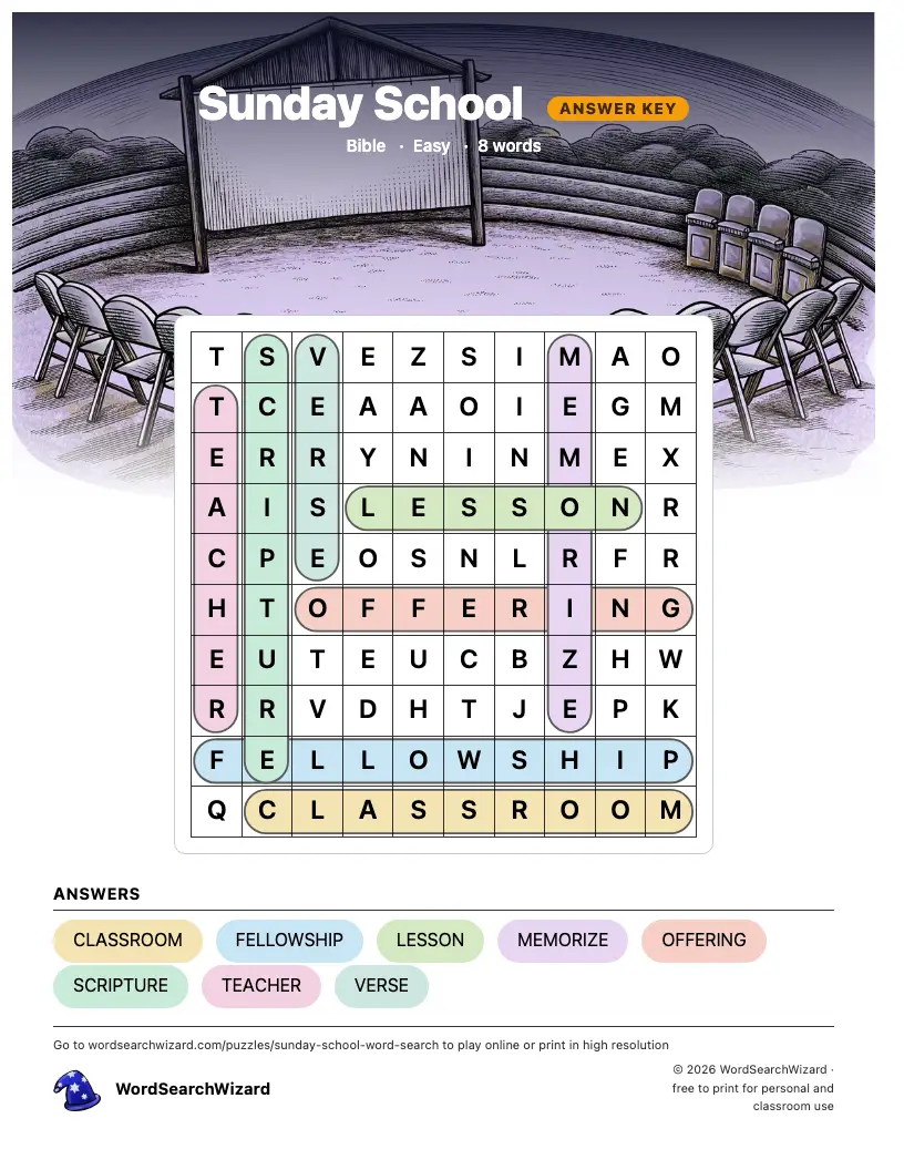 Sunday School word search answer key, all 8 words marked