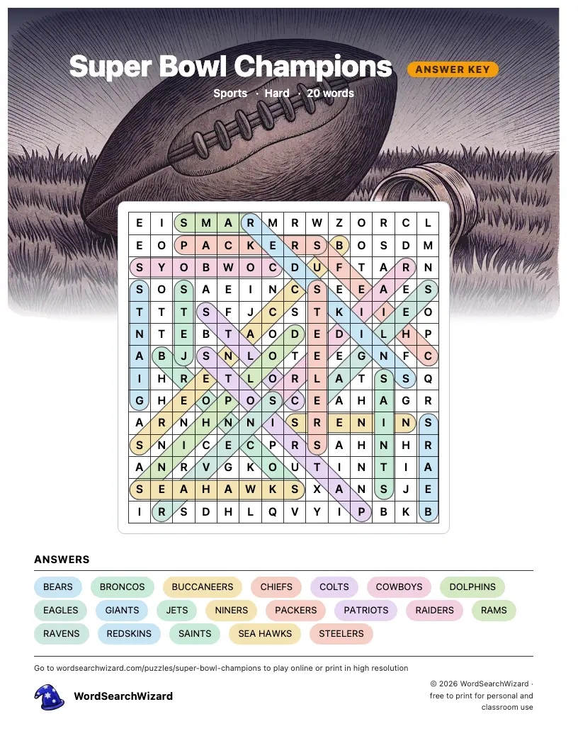 Super Bowl Champions word search answer key, all 20 words marked