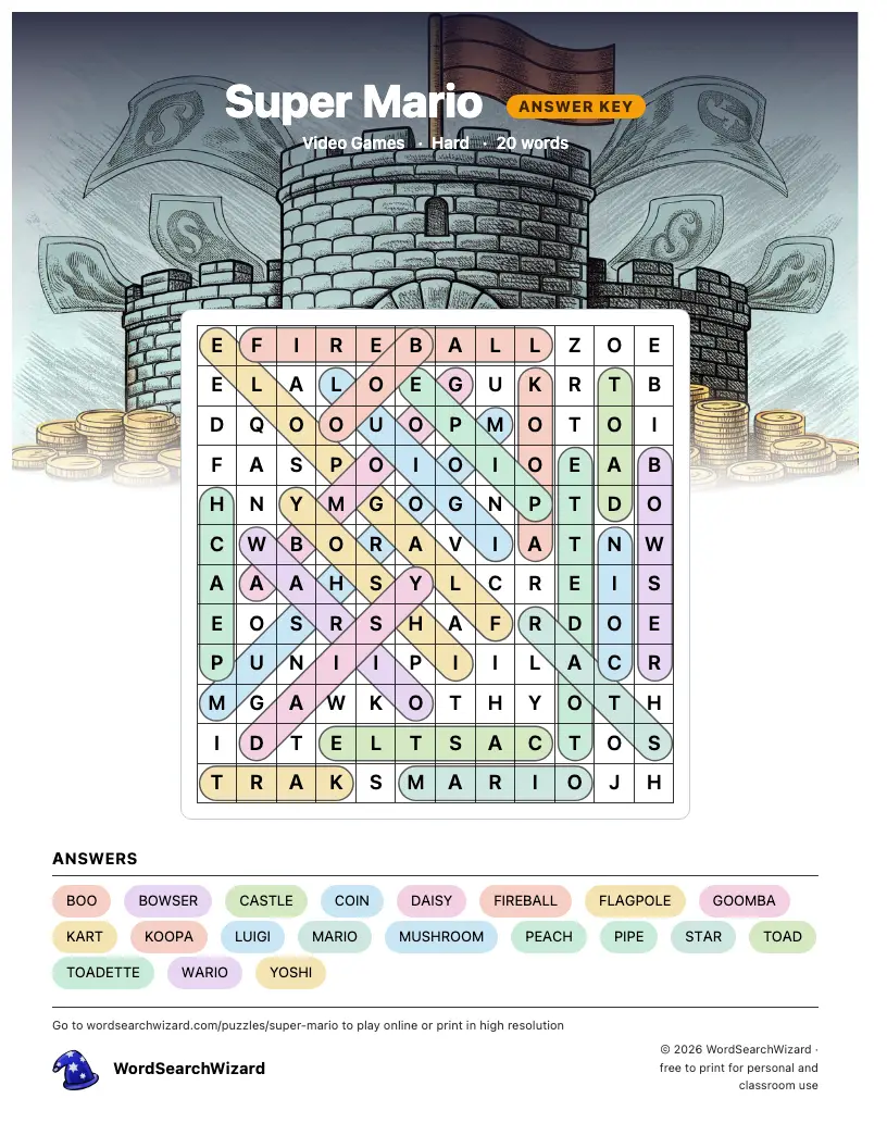 Super Mario word search answer key, all 20 words marked