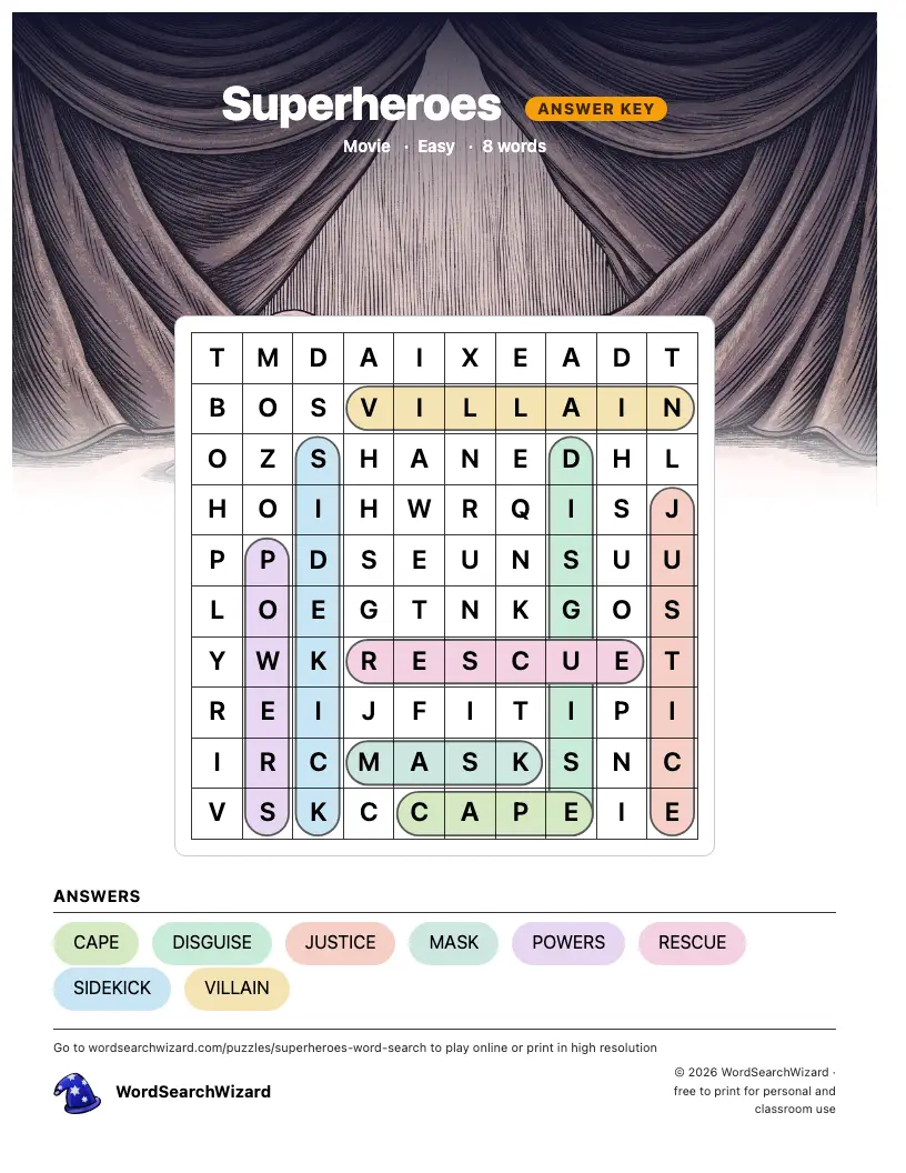Superheroes word search answer key, all 8 words marked