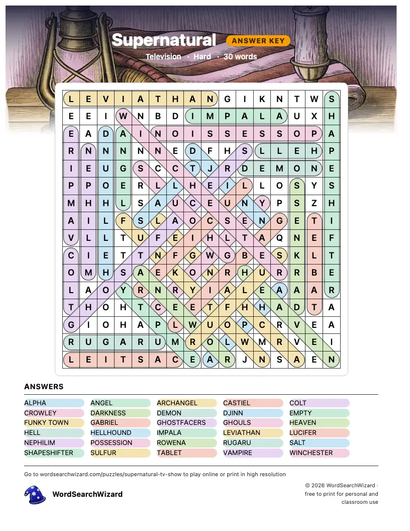 Supernatural word search answer key, all 30 words marked