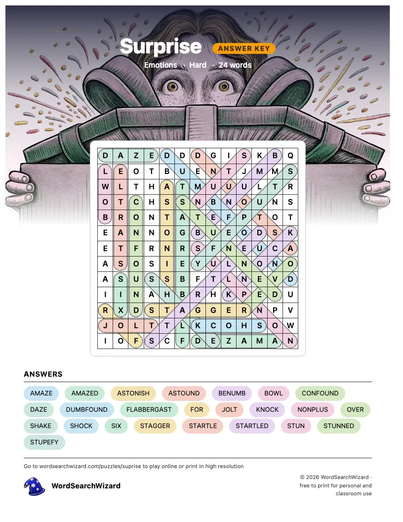 Surprise word search answer key, all 24 words marked