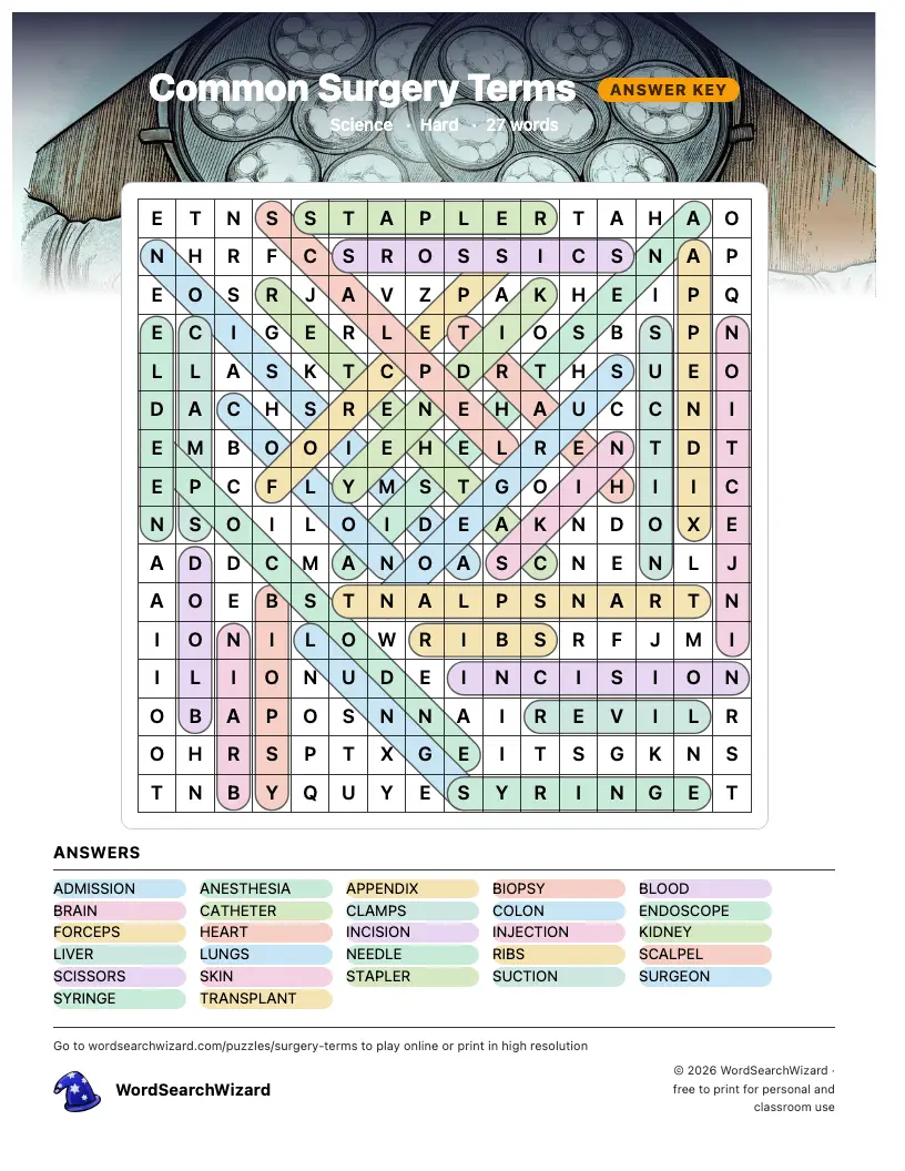 Common Surgery Terms word search answer key, all 27 words marked