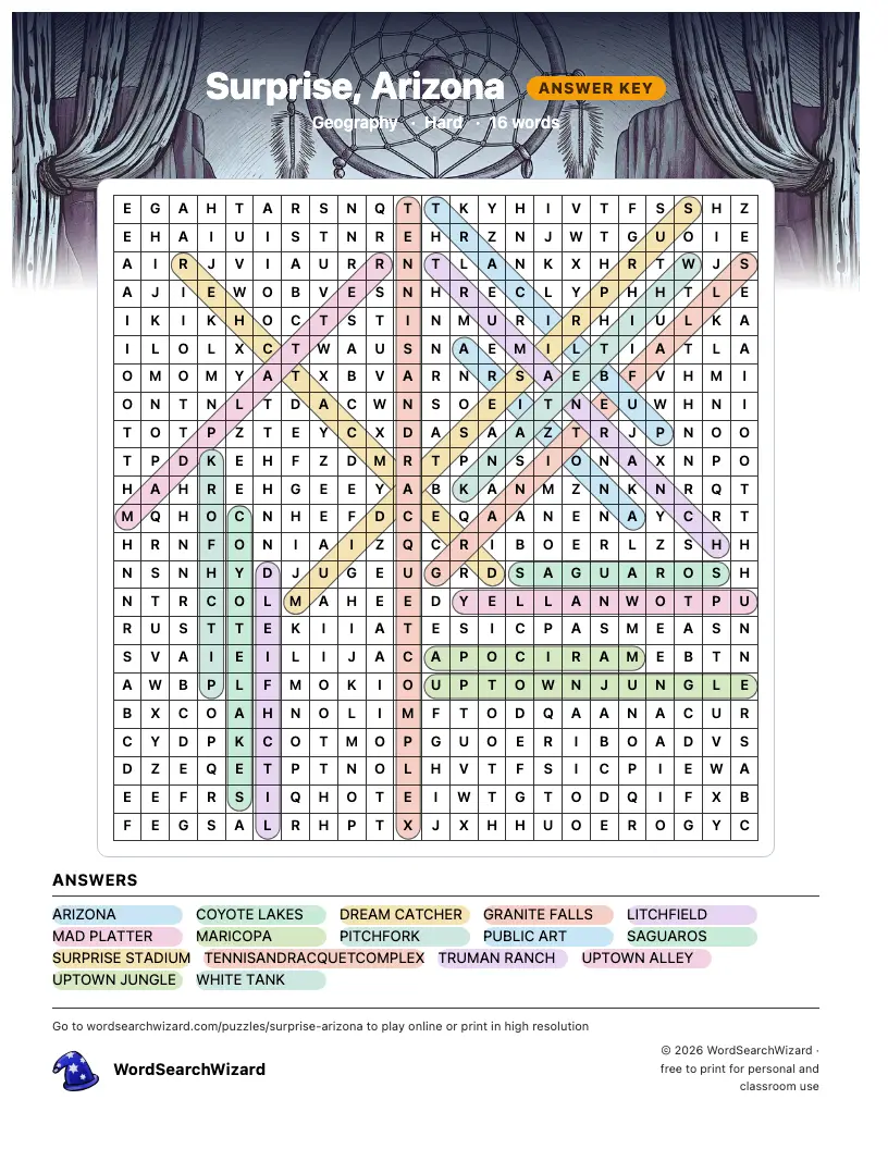 Surprise, Arizona word search answer key, all 16 words marked