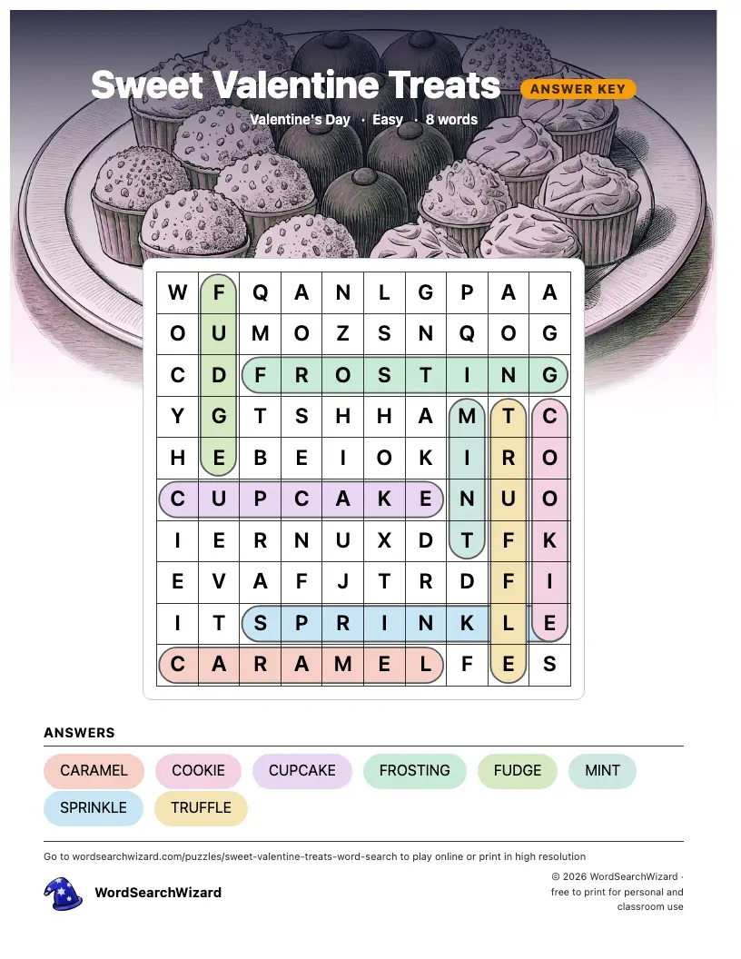 Sweet Valentine Treats word search answer key, all 8 words marked