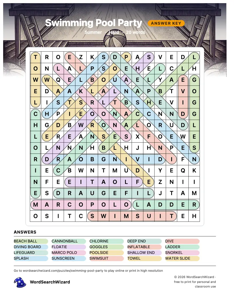 Swimming Pool Party word search answer key, all 20 words marked