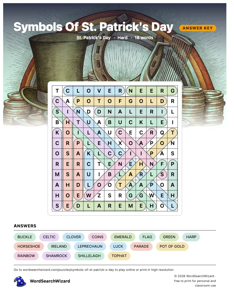 Symbols Of St. Patrick's Day word search answer key, all 18 words marked