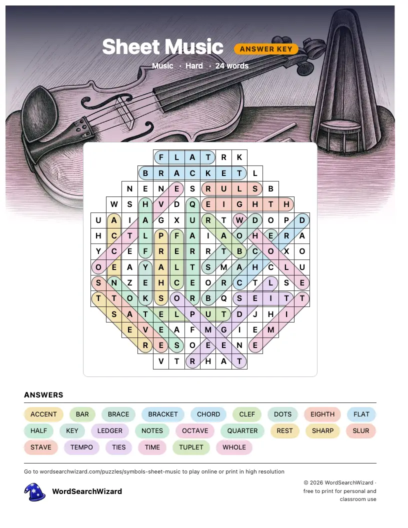 Sheet Music word search answer key, all 24 words marked