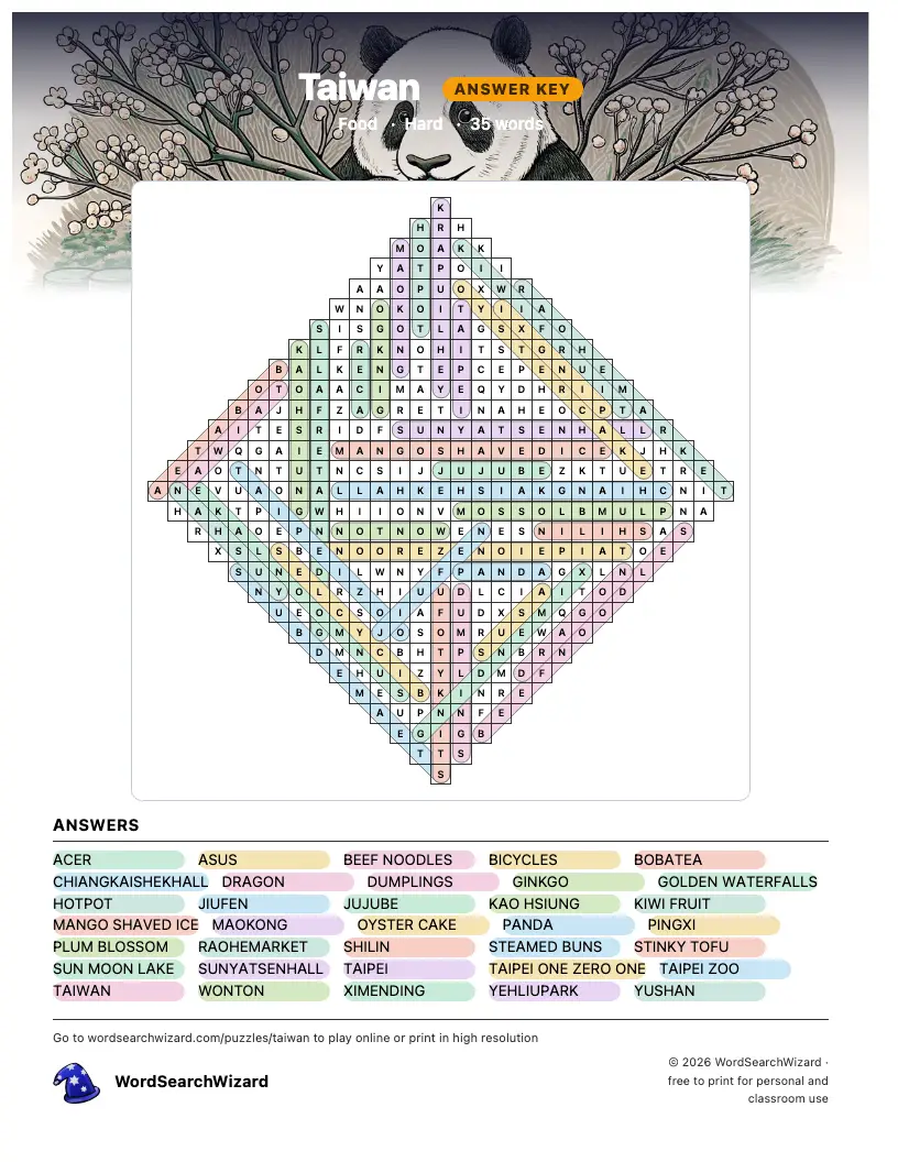 Taiwan word search answer key, all 35 words marked