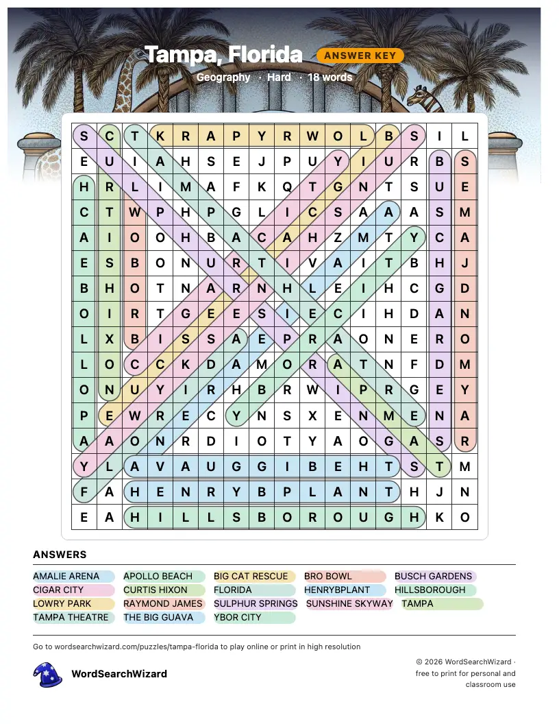 Tampa, Florida word search answer key, all 18 words marked