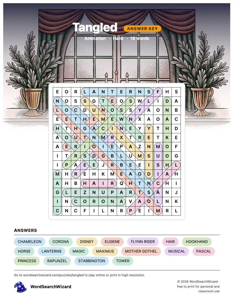 Tangled word search answer key, all 18 words marked