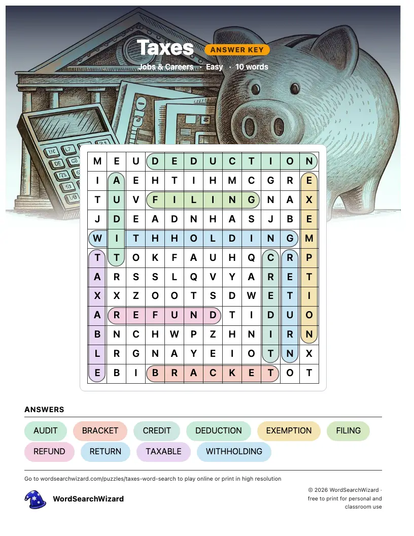 Taxes word search answer key, all 10 words marked