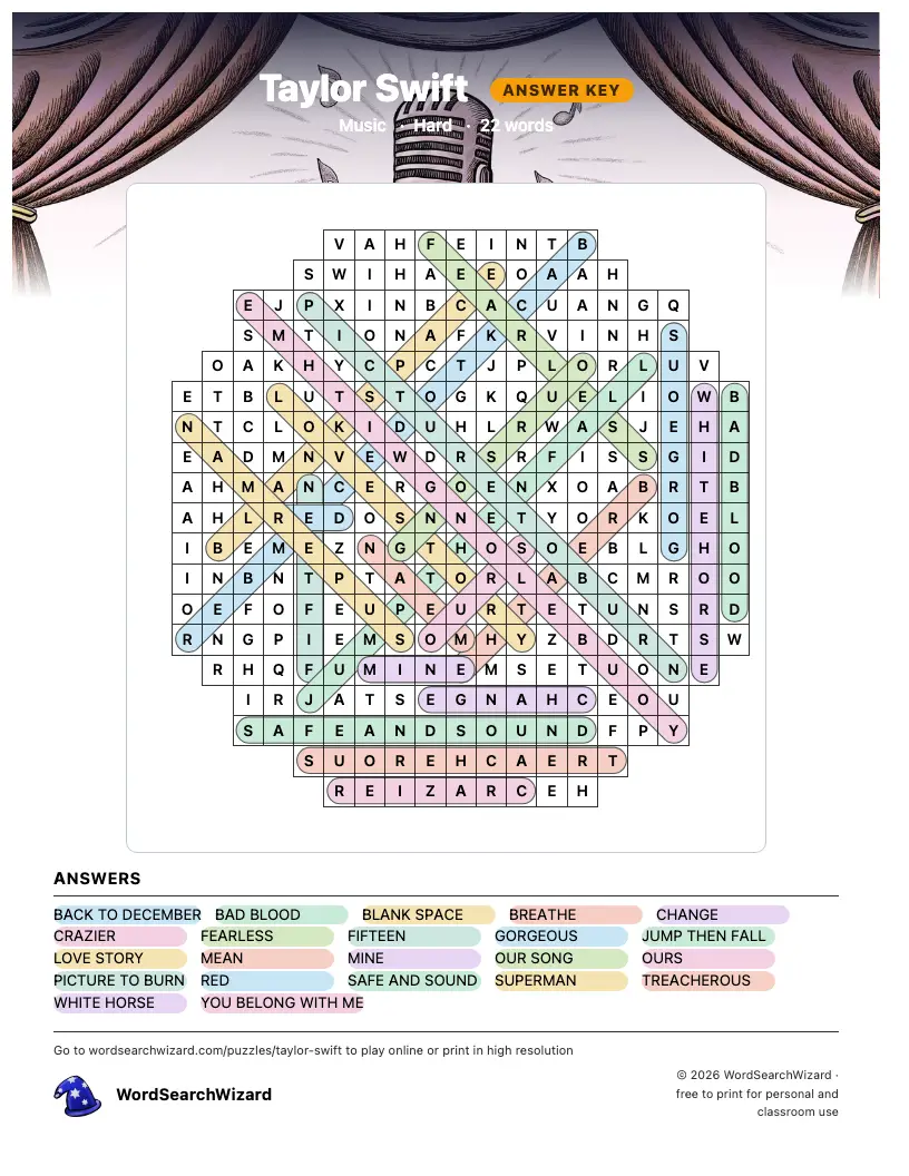 Taylor Swift word search answer key, all 22 words marked