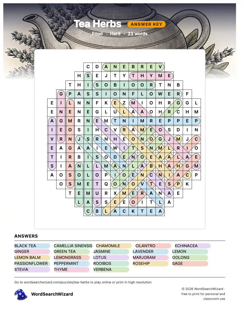 Tea Herbs word search answer key, all 23 words marked