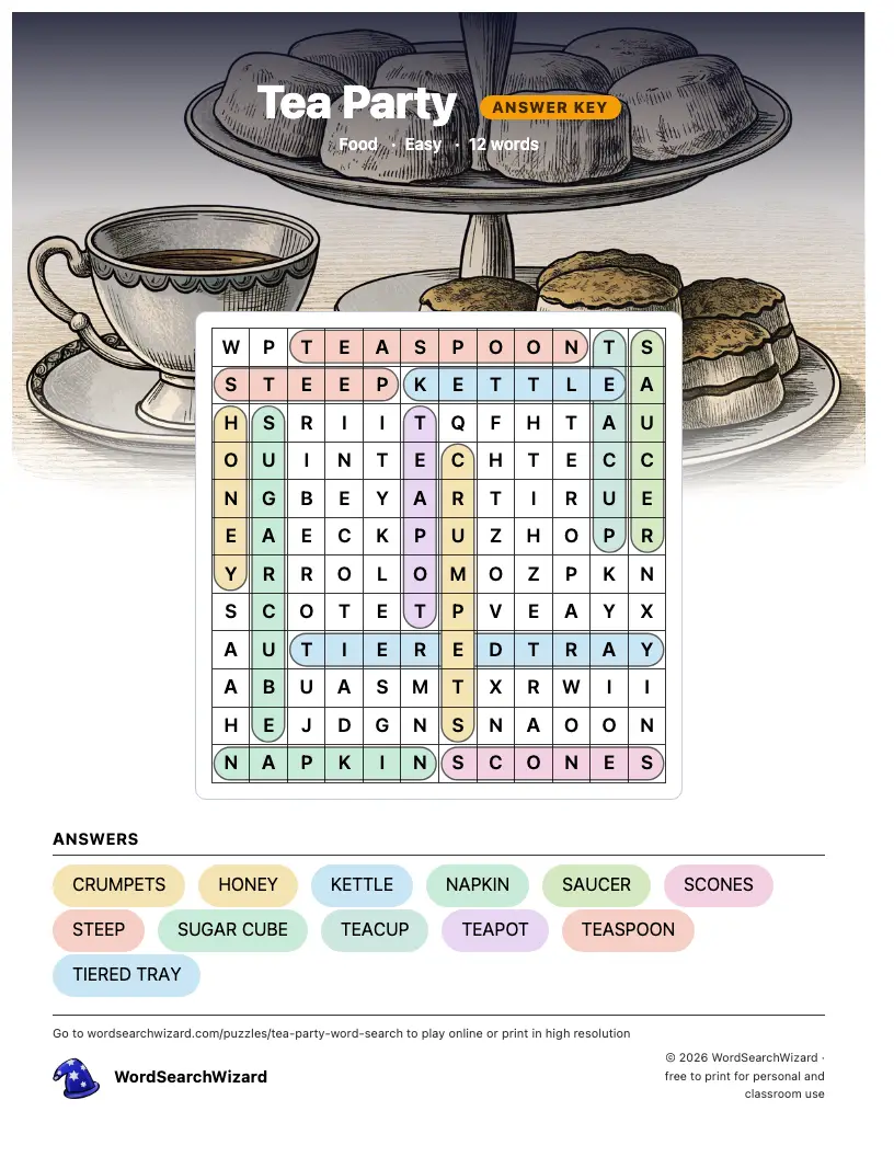 Tea Party word search answer key, all 12 words marked